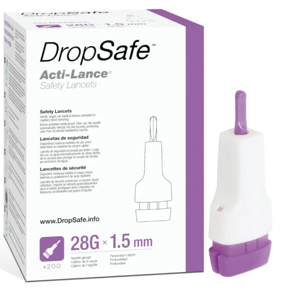 Dropsafe Acti-Lance Safety Lancet, Lite, 28 Gauge, 1.5mm, Top Button Activated Blood Testing, Ideal for Thin Skin, Sterile, Single-Use, 200ct/Box