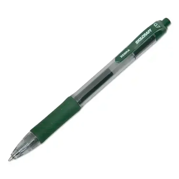 SKILCRAFT Zebra Gel Pen, Retractable, Medium 0.7 mm, Forest Green Ink, 12/Pack