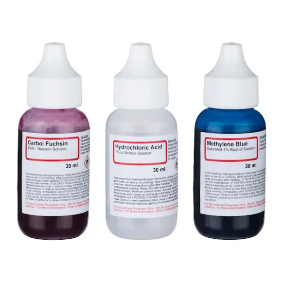 Acid Fast Stain Kit, Components: (30 ml dropper bottle for each:   Methylene Blue Chloride, 1% Alcohol Solution, Carbol Fuchsin Solution, Hydrochloric Acid, 1% Alcohol Solution), Per Kit