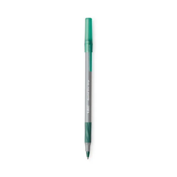 BIC® Round Stic Grip, Xtra Comfort, Stick Ballpoint Pen, 1.2mm, Green Ink, Gray Barrel, 12/Pack