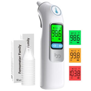 TympanEar Thermometer, for Kids, Adults and Babies, 30 Memory Recall, 1s Result and 3-Color Fever Alert, with 24 Disposable Probe Covers, White, Each