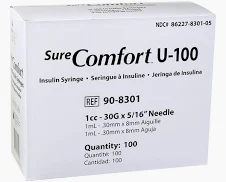 SureComfort U-100 Syringes 1cc, 30G, 5/16", Blister Pack, 100ct